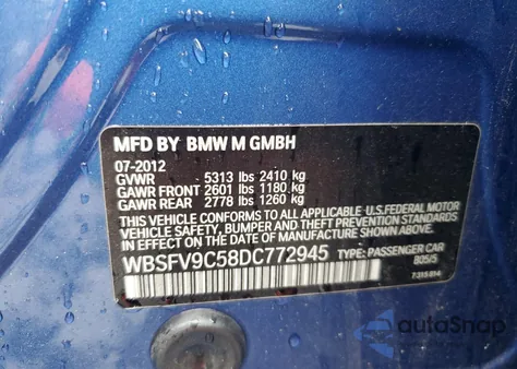 2013 BMW M5 from USA, damaged, VIN WBSFV9C58DC772945